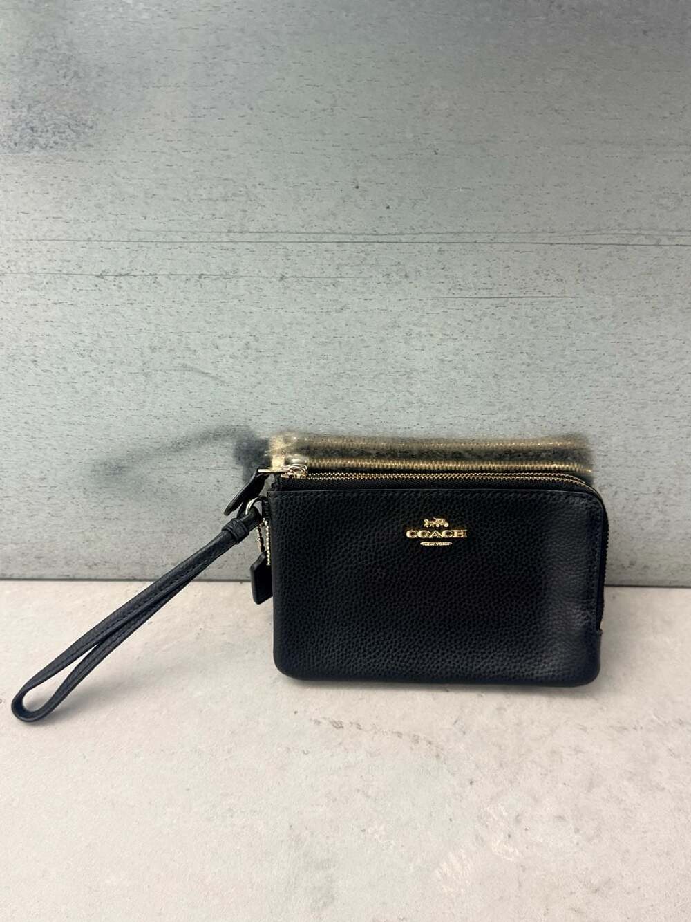 Coach Double Corner Zip Wristlet in Black Pebble Leather